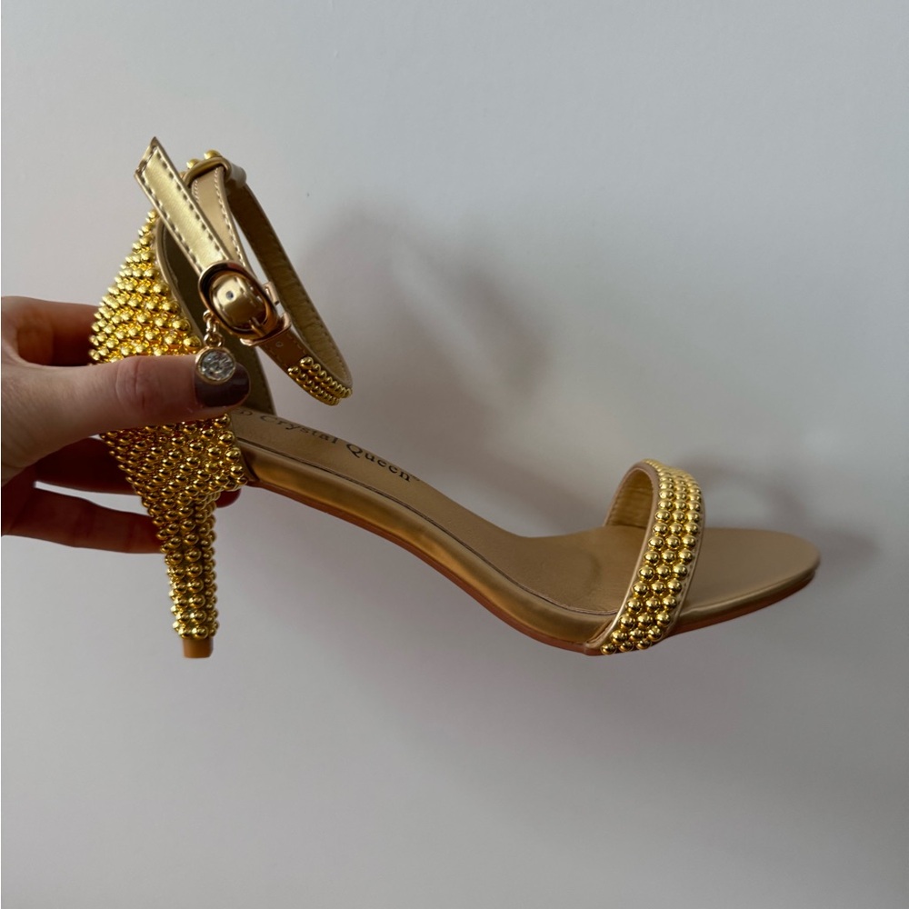 Gold Studded Open Tow Heels with Ankle Strap Charm with Dangle Gem